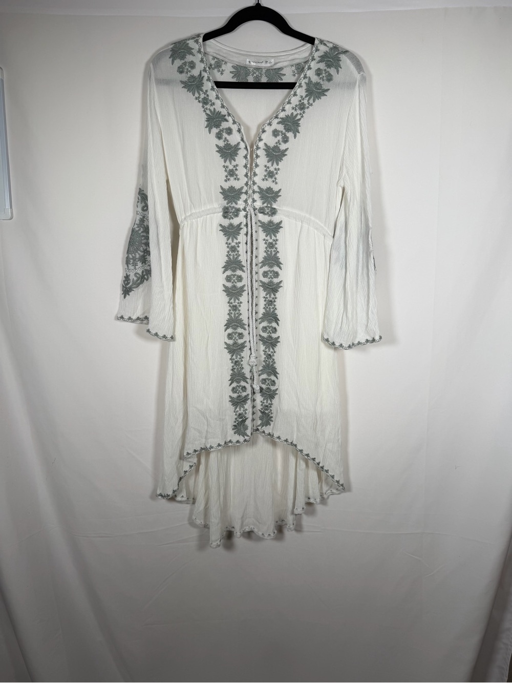 Boho Embroidered White Dress with Sage Trim Gauzy Cotton Cottagecore